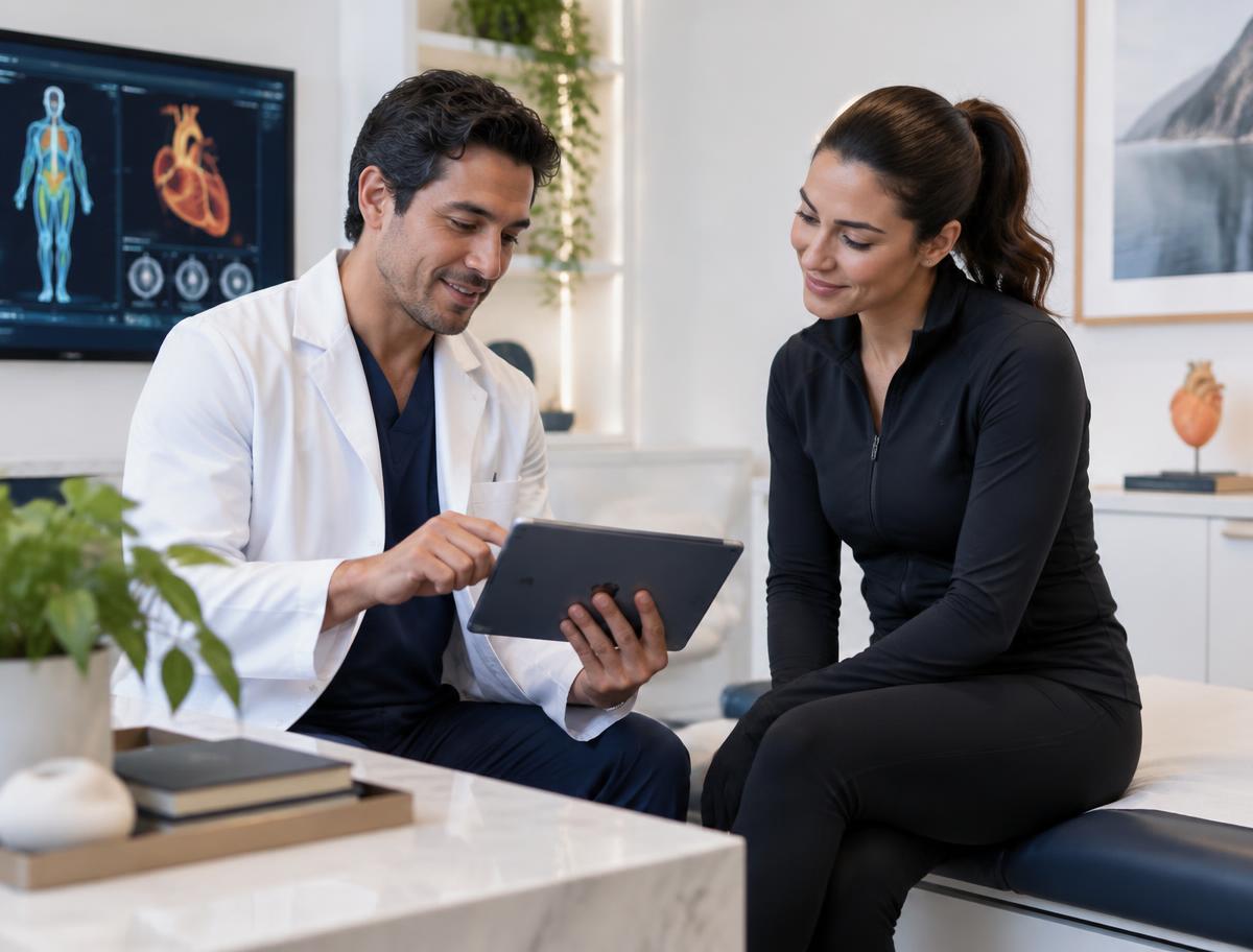 Médico revisando resultados cardiometabólicos con una paciente