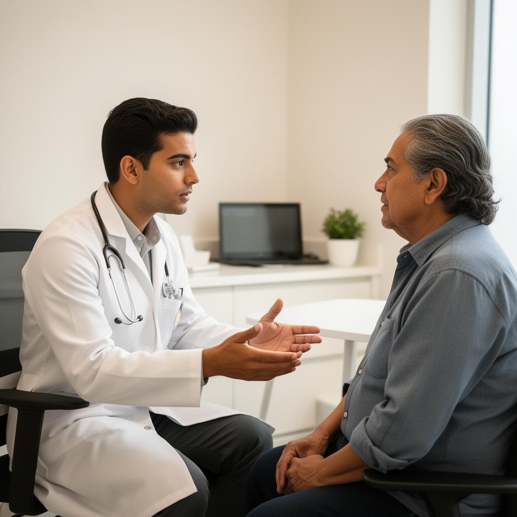 Dr. Christopher escuchando a un paciente